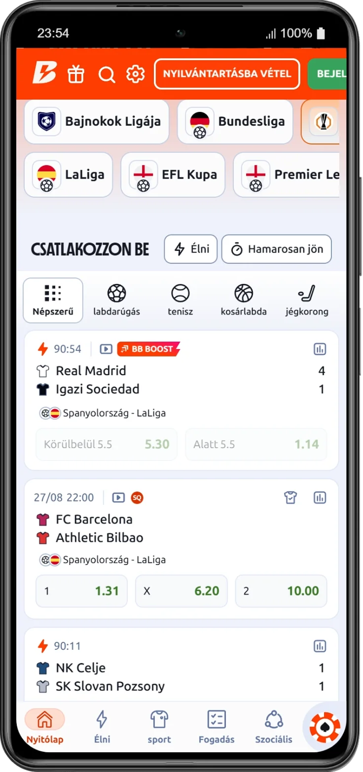 A Betano Android alkalmazás sportfogadási kezdőképernyője élő és közelgő mérkőzésekkel