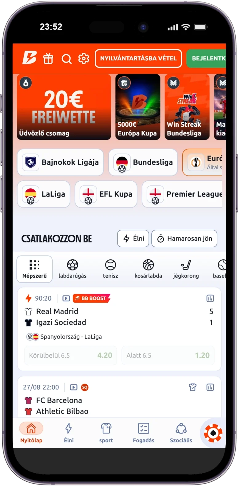 A Betano iPhone alkalmazás kezdőképernyője sportágakkal, élő eseményekkel és promóciókkal