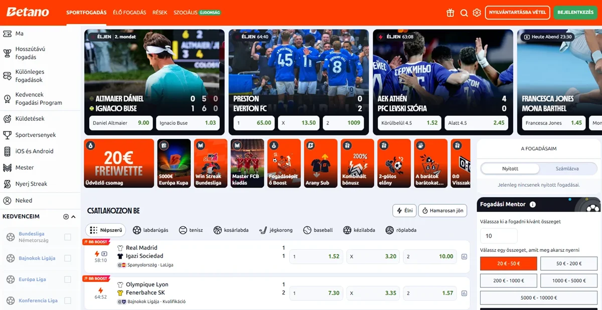 A Betano magyar sportfogadási felülete élő eseményekkel, piacokkal és fogadási szelvénnyel
